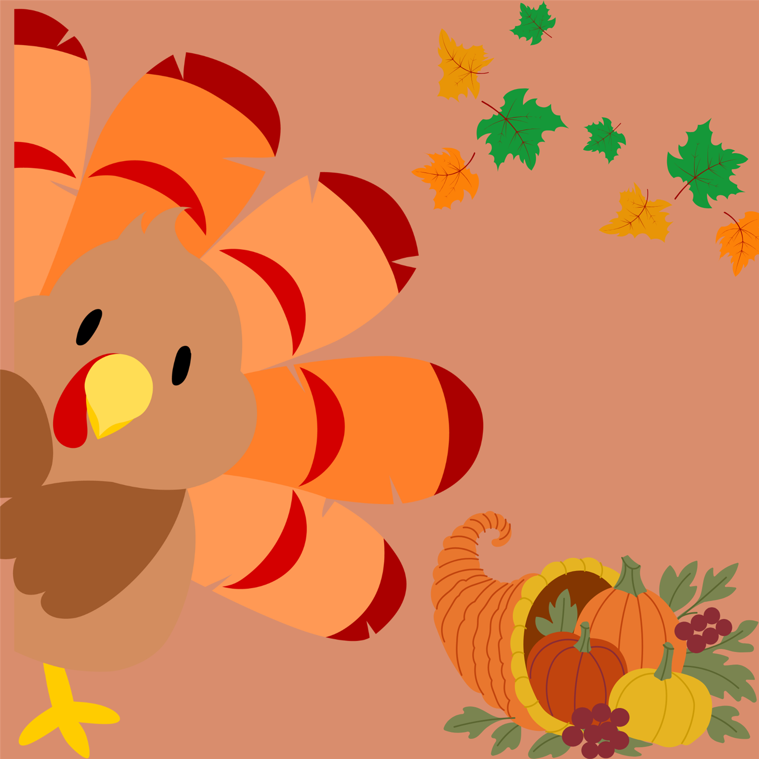 Thanksgiving graphic of turkey with colorful feathers  peeking around a corner.